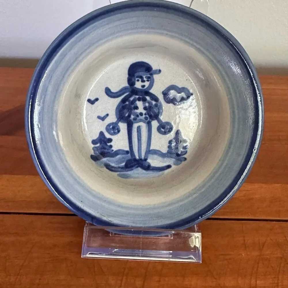 Vtg MA Hadley Pottery Skier Child Set Plate Mug Bowl Blue White Art Stoneware